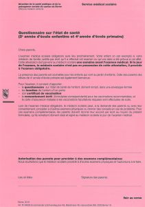 Questionnaire sur l'état de santé (2e année d'école enfantine et 4e) Canton de Berne